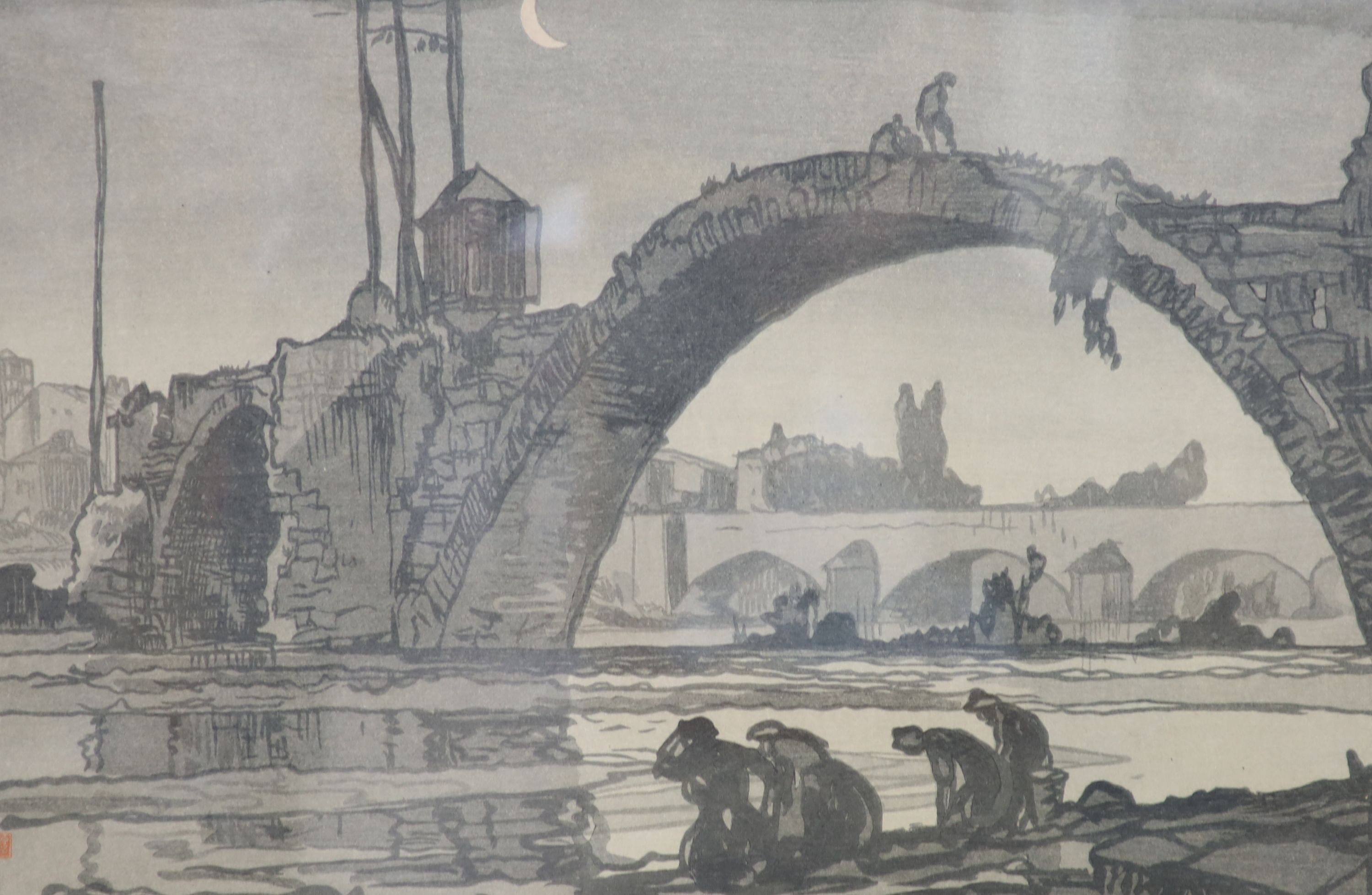 Frank Brangwyn (1867-1956) and Yoshijiro Urushbara (1888-1953), ‘’Ruins of a Roman bridge over the Loire at Brive-Charensac’’, woodblock print, 33 x 51cms.